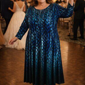 Catherines Embellished Midi Dress 3X Black Blue Abstract Long Sleeve Slinky